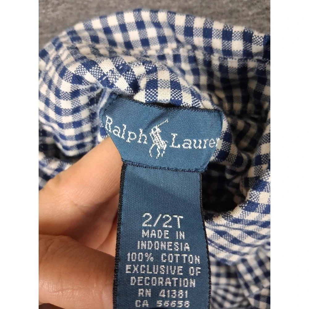 Ralph Lauren Baby 2T Blue Gingham Check Plaid Small Pony Button Down Preppy